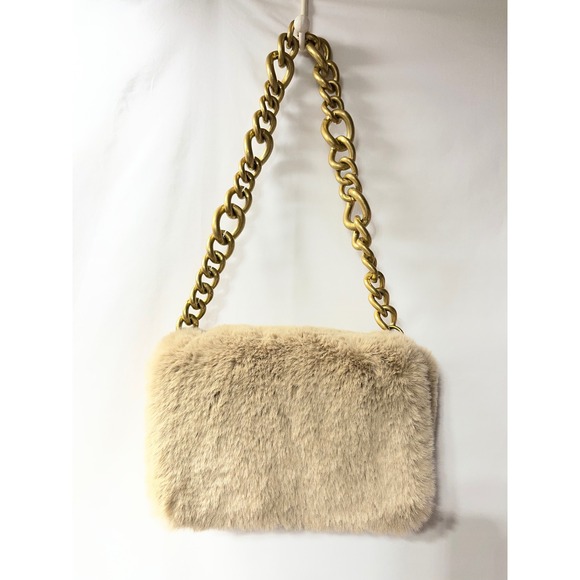 Zara Handbags - Zara Womens Beige Faux Fur Shoulder Bag Chunky Gold Chain Strap Flap Handbag